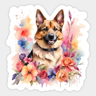 A belgian shepherd decorated with beautiful watercolor flowers Sticker